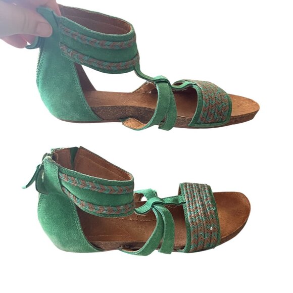 Naya Vintage Green Suede Leather Braided Boho Gladiator Sandals 9" Outer Sole - Picture 2 of 10